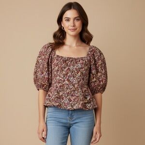 SIM & SAM Ditsy Floral Puff Sleeve Babydoll Peplum Blouse Cottagecore Size L NWT